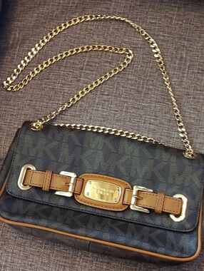 Michael Kors Brown Logo Crossbody with Tan Trim & Gold Chain Strap